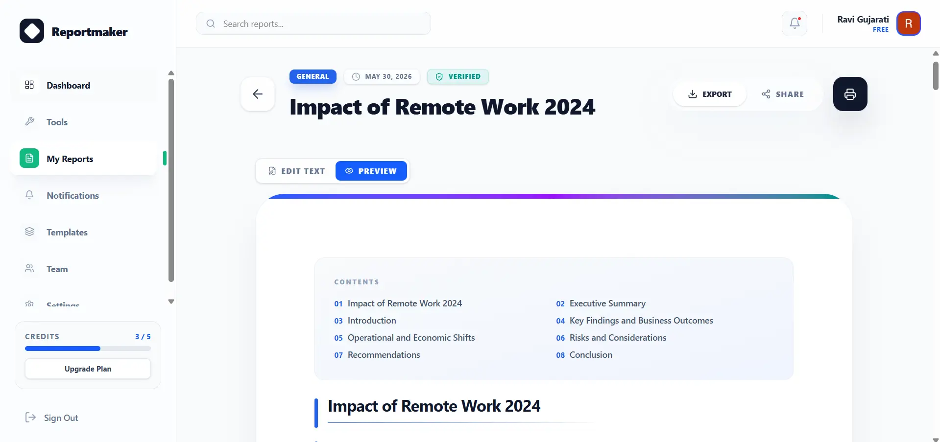 Screenshot di output dello strumento Testo a Report