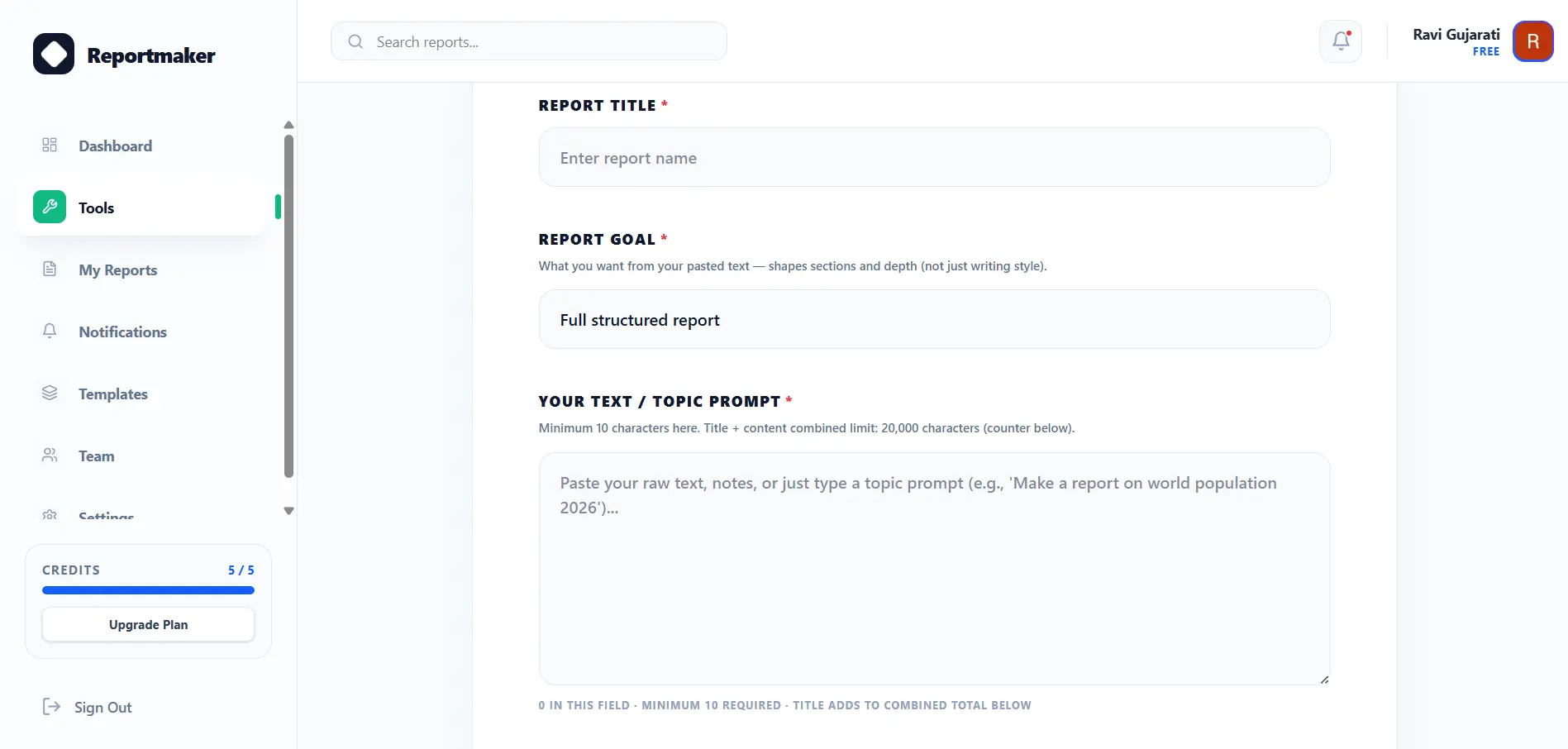 Screenshot dell'interfaccia dello strumento Testo a Report